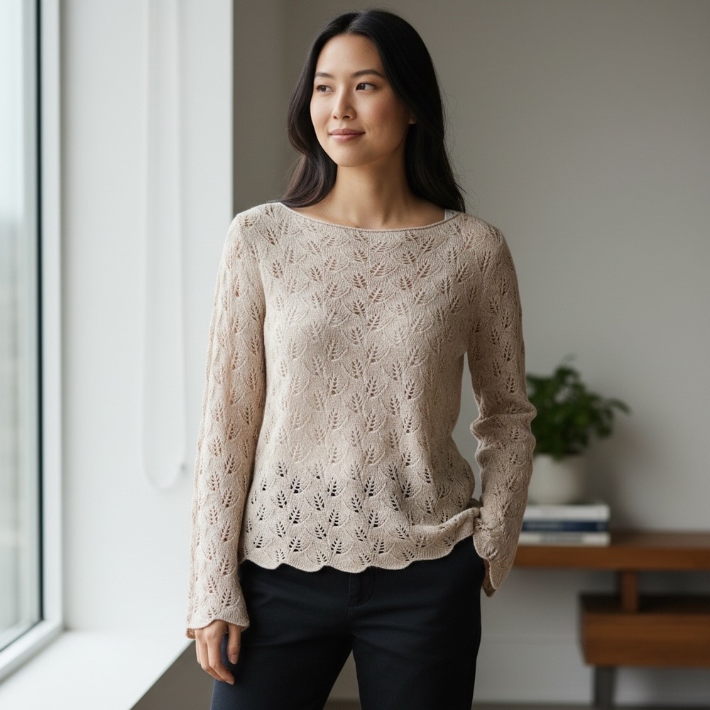 Classiques Entier Beige Lace Knit Long Sleeve Top‎ Size L Elegant Sheer Blouse